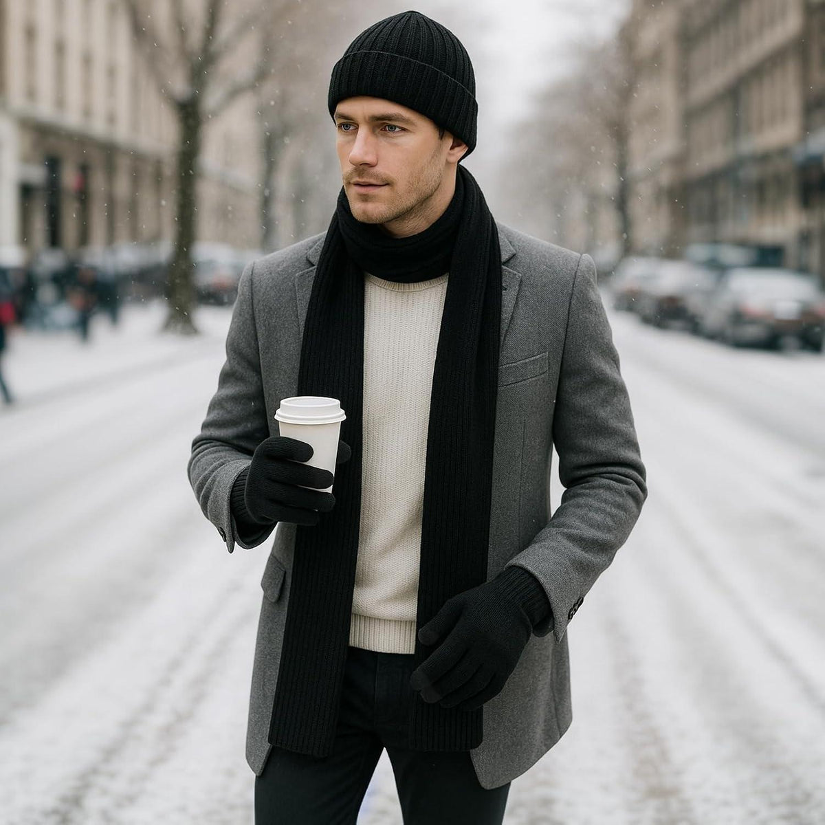 Herren Winter Set: Mütze, Schal & Touchscreen Handschuhe Schwarz