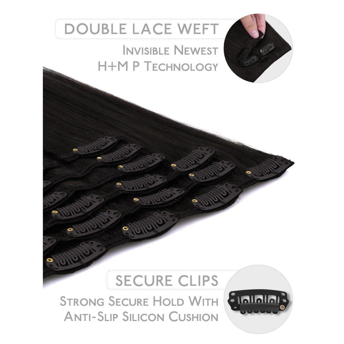 Echthaar Clip-in Extensions – Natürliches Schwarz, 55g, 25cm