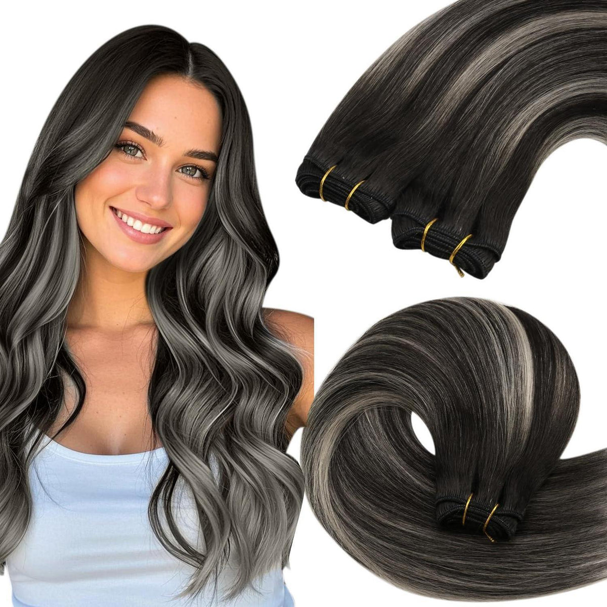 Echthaar Tressen Ombre Schwarz Silber 45cm Remy Weft