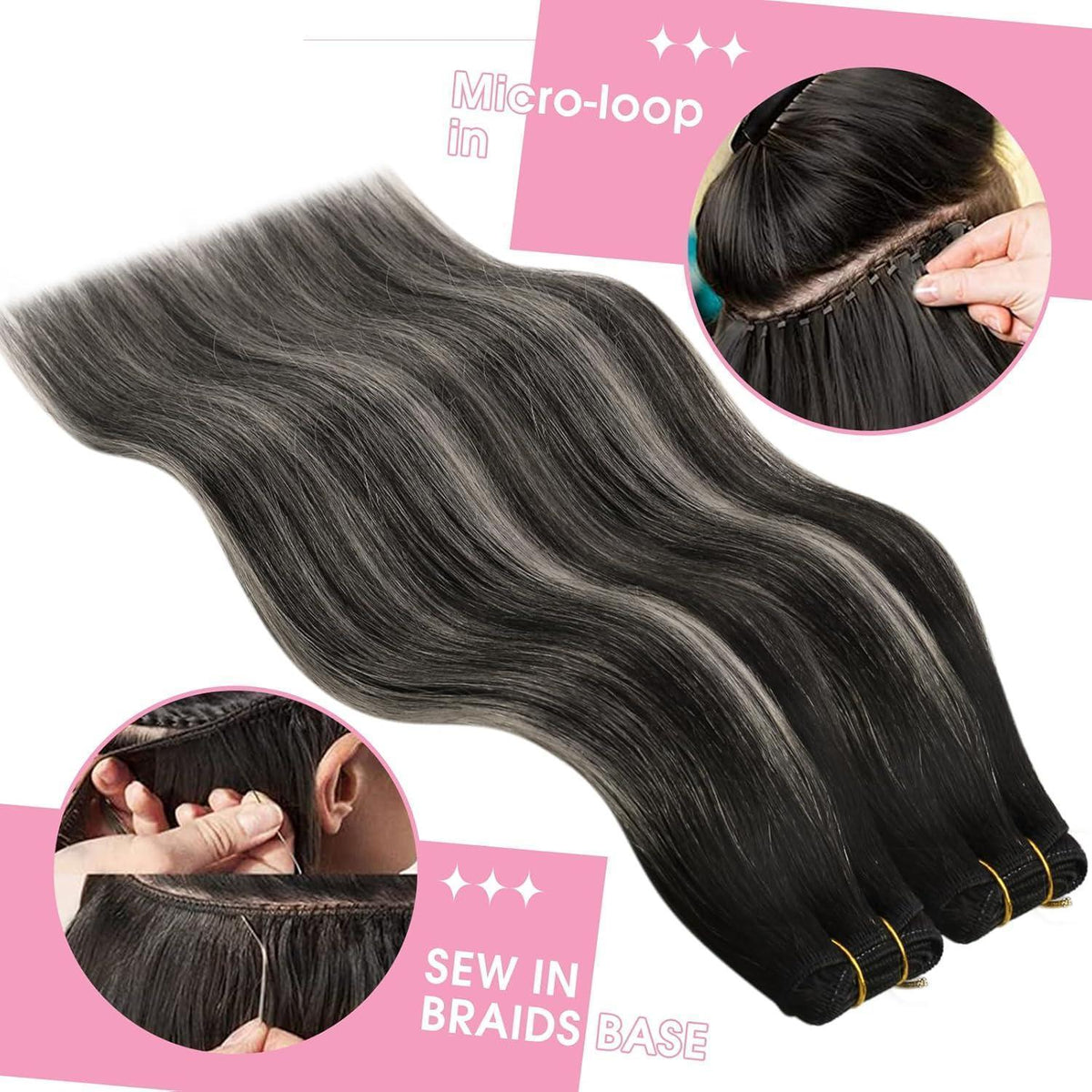 Echthaar Tressen Ombre Schwarz Silber 45cm Remy Weft