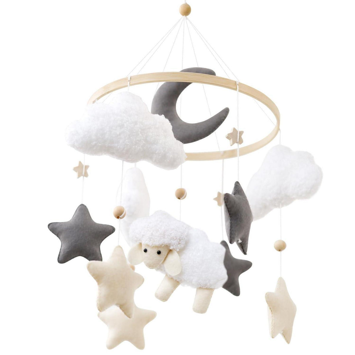 Holz Schaf Mobile Babybett Windspiel Filz Wolke Stern