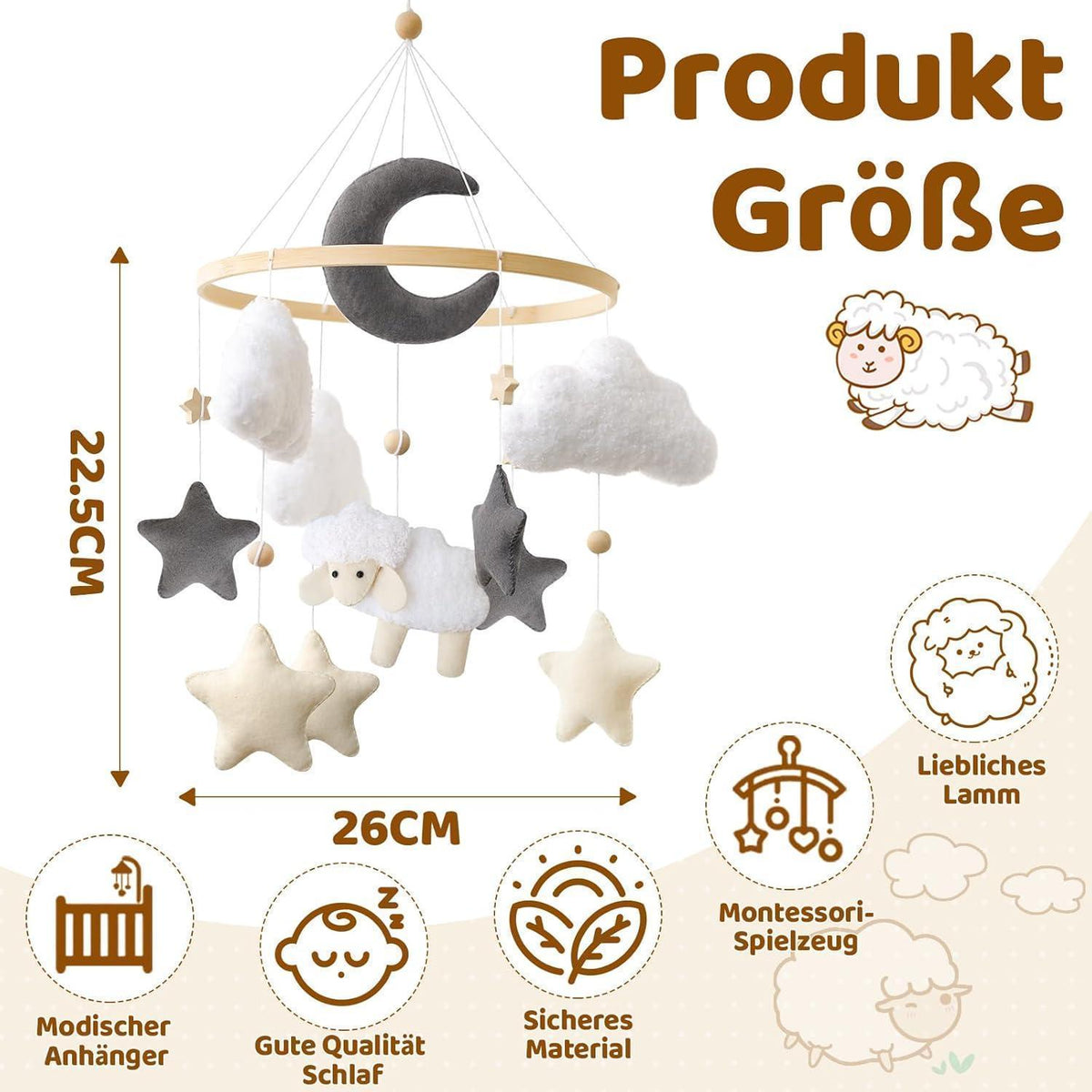 Holz Schaf Mobile Babybett Windspiel Filz Wolke Stern