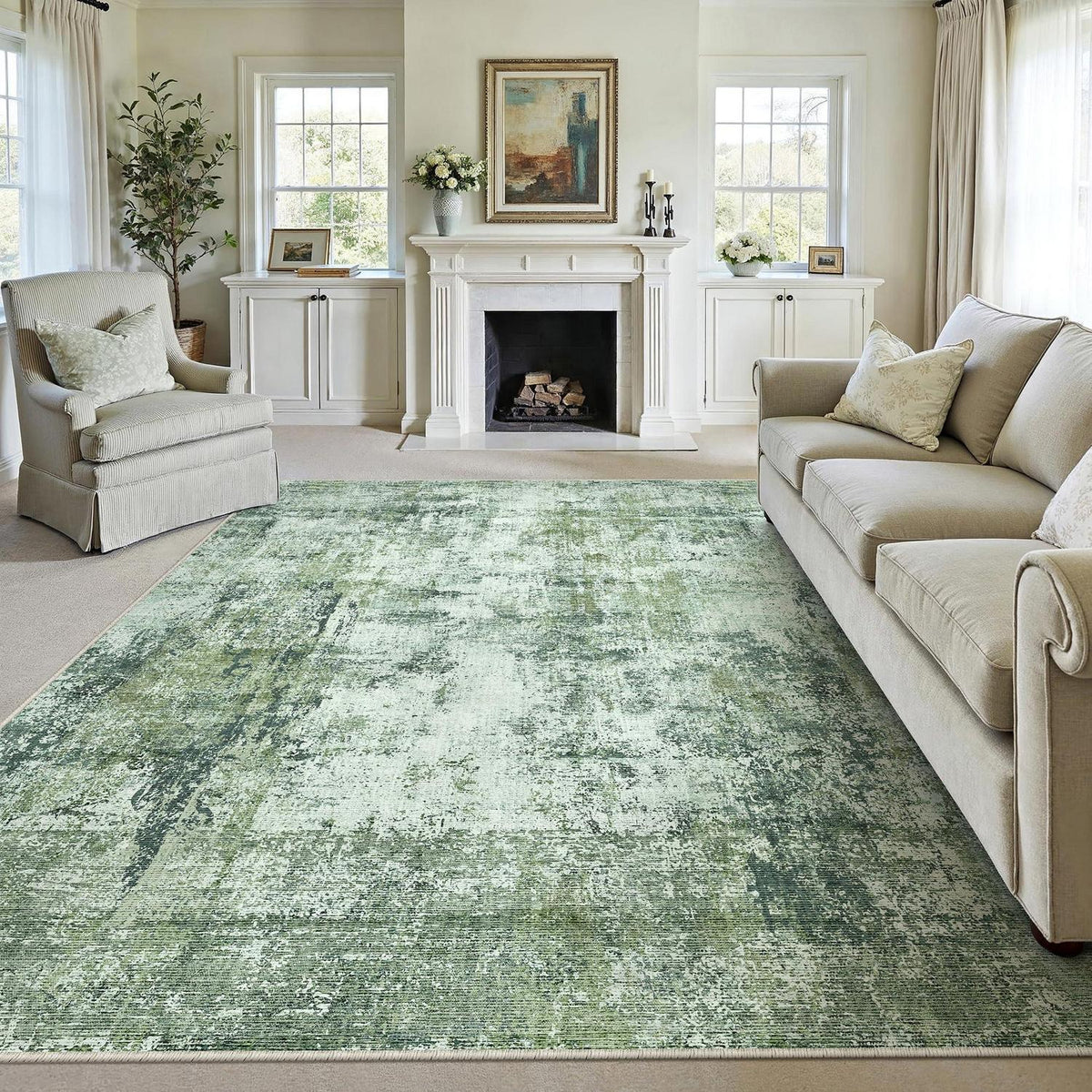 Grüner Teppich 180x270cm – Waschbar & Rutschfest für Wohnzimmer