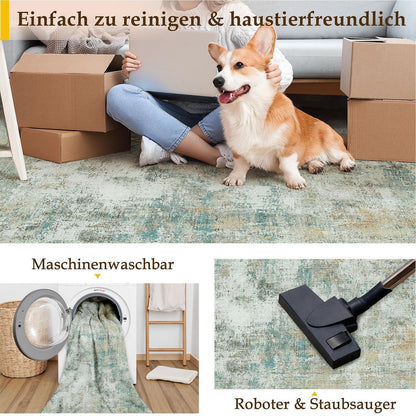Blauer Gelber Teppich 240x300cm – Waschbar & Rutschfest