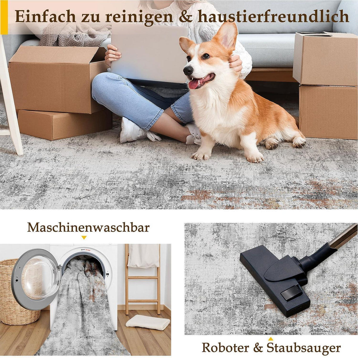 Grauer Wohnteppich Rot Grau 150x210cm Waschbar Modern Abstrakte Muster