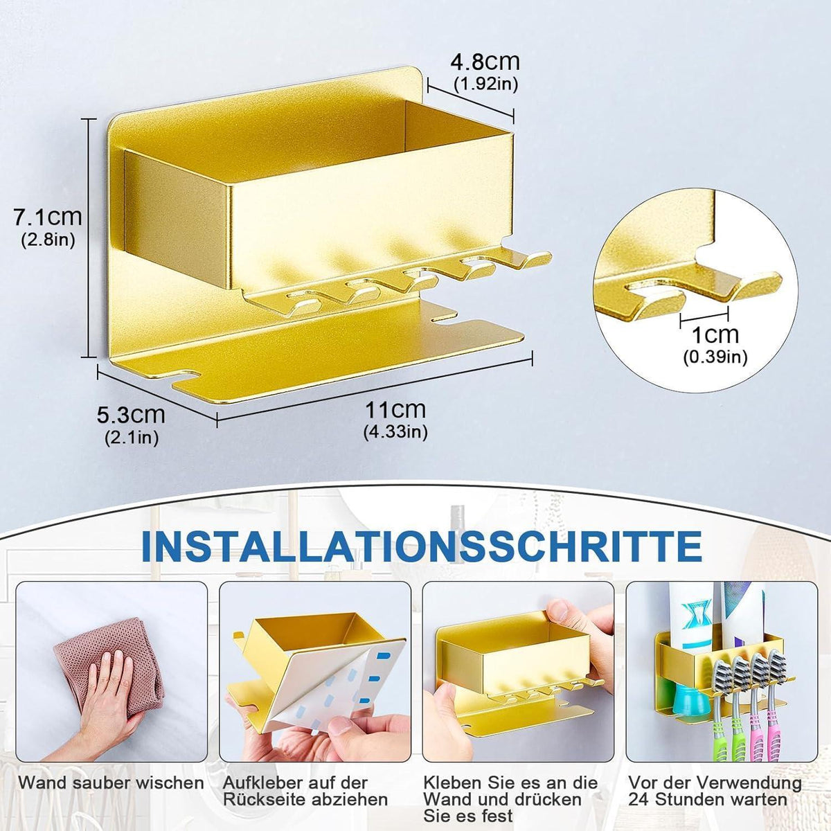 Wandzahnbürstenhalter für elektrische & manuelle Zahnbürsten (Gold)