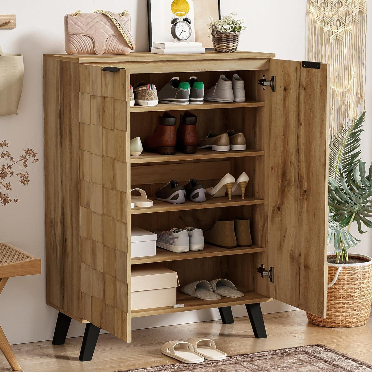 Schuhschrank Holz, Schmal & Hoch, 5 Fächer, Verstellbar