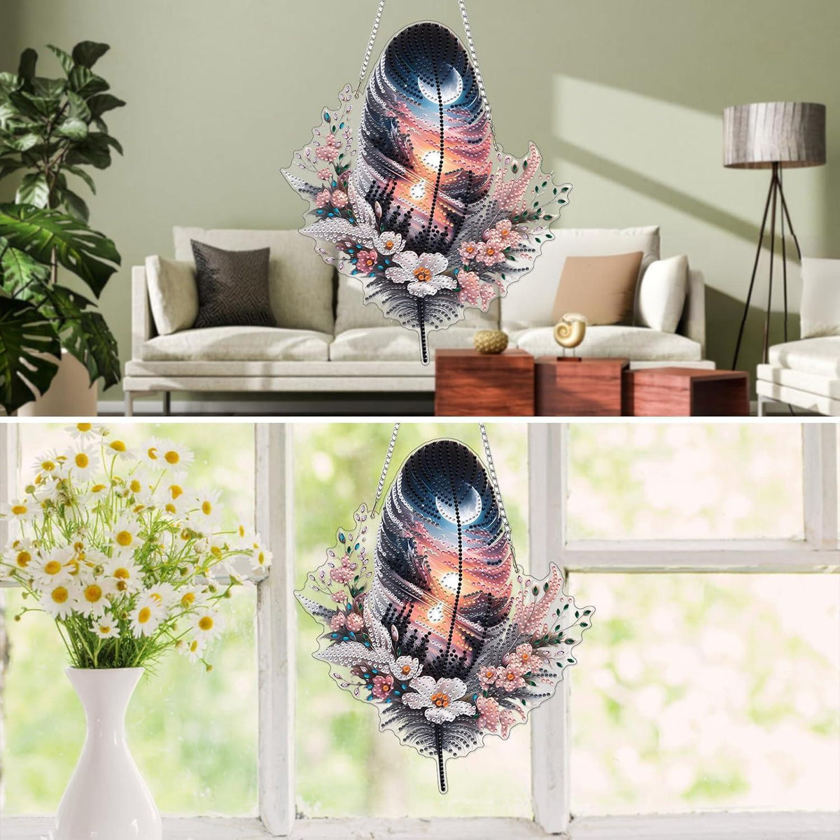 Diamant Painting Federblumen Anhänger mit Kette – DIY Bastelset