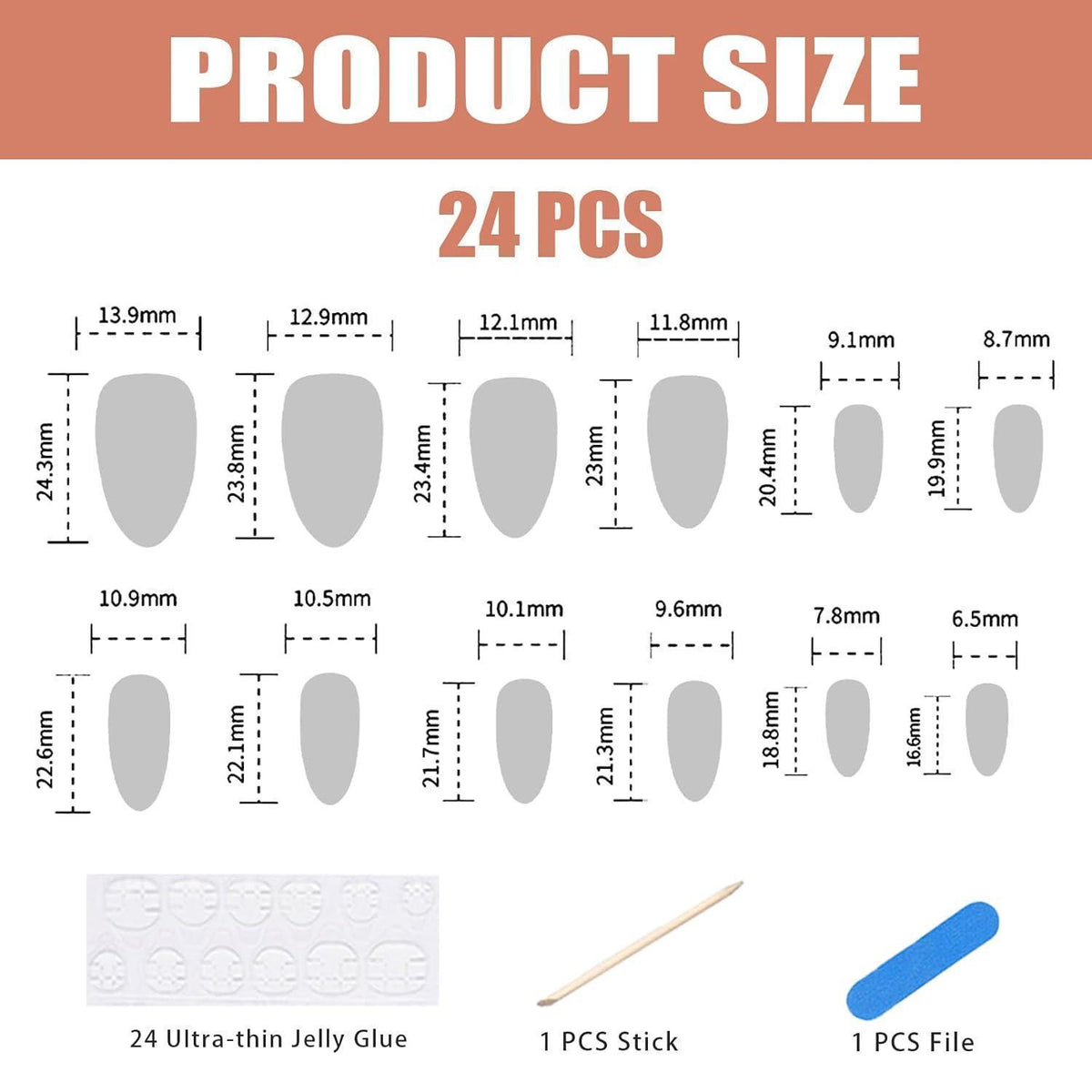24er Set Mandel-French Nails zum Aufkleben mit Zubehör
