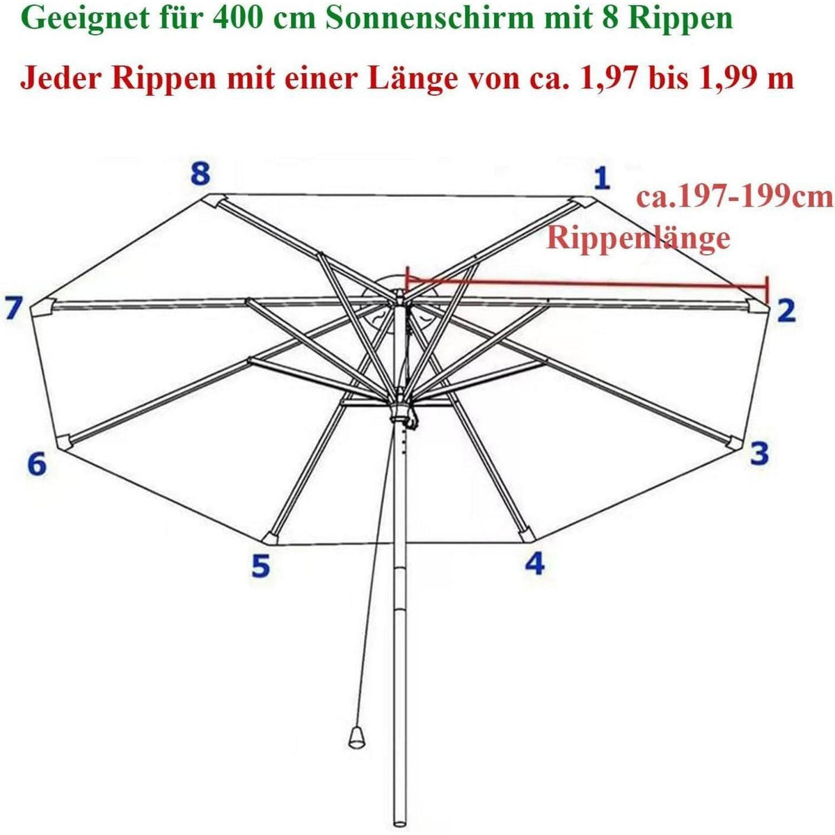 Sonnenschirm Ersatzbezug 400cm Weiß 8 Streben UV-Schutz 80
