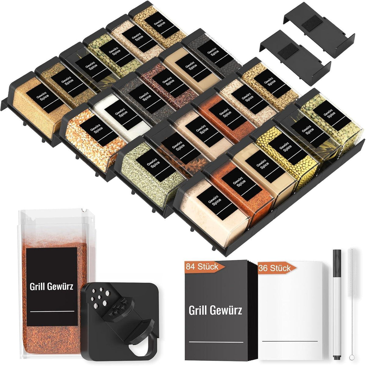 Gewürz Organizer Schublade 24er Set mit 24 Streuern, Schwarz