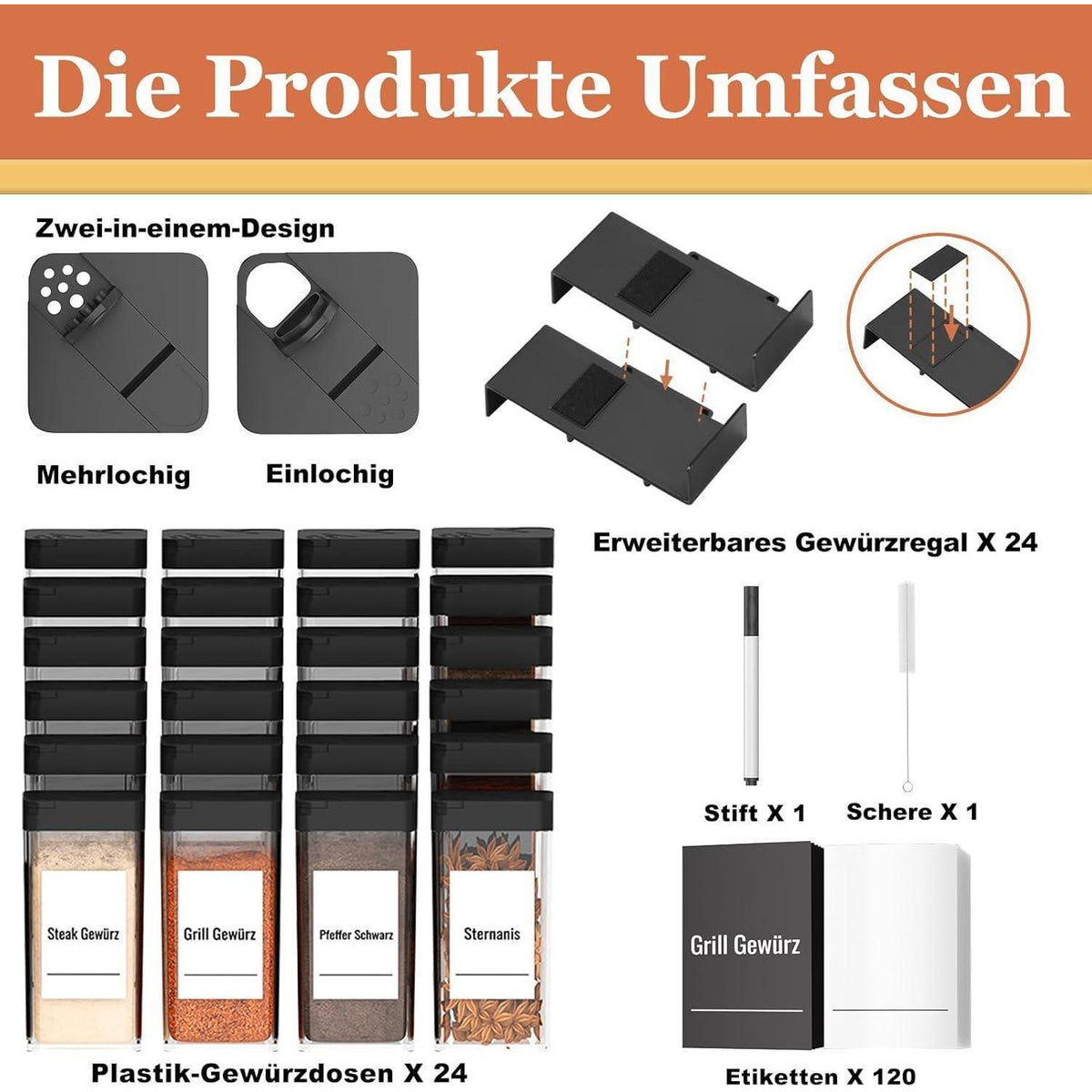 Gewürz Organizer Schublade 24er Set mit 24 Streuern, Schwarz