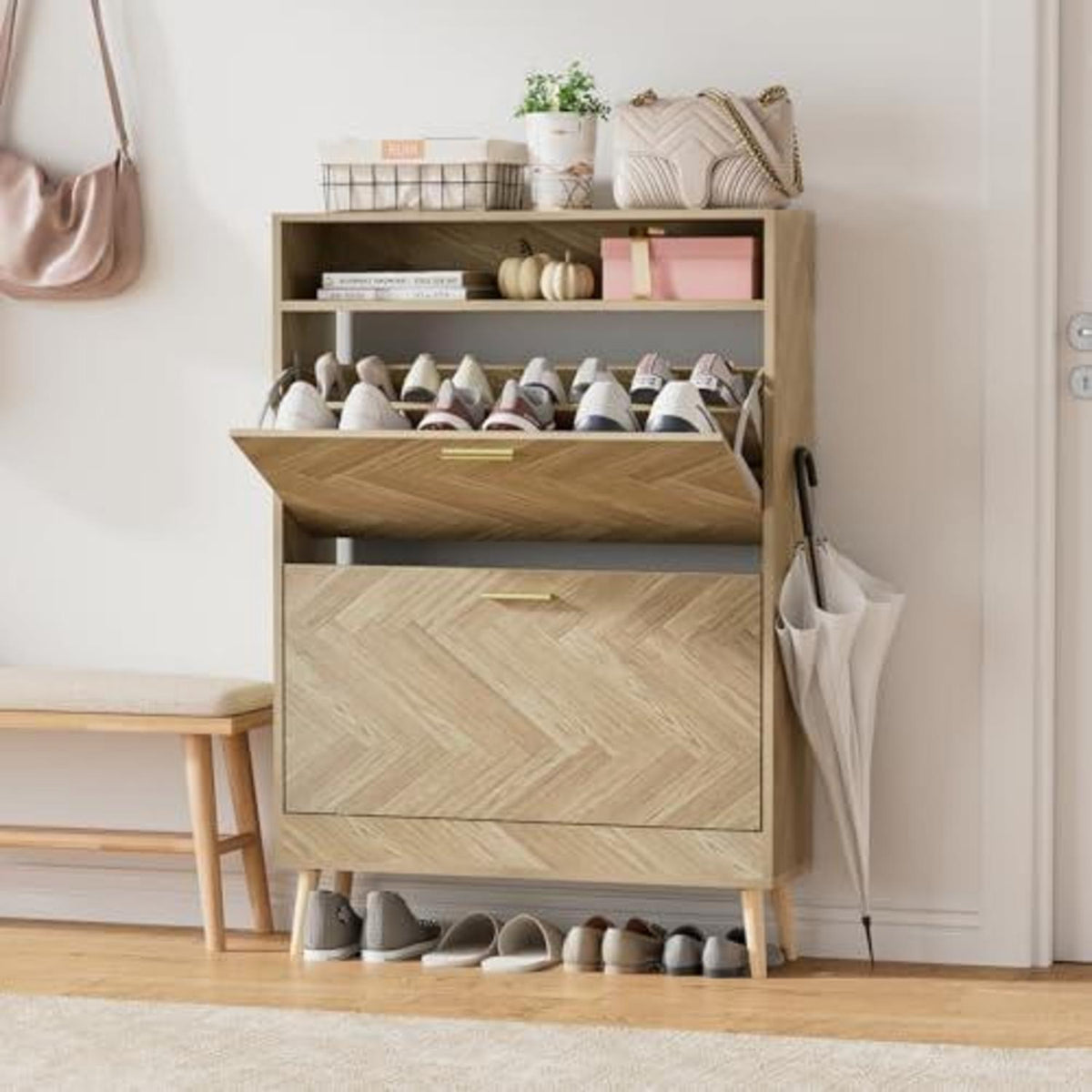 Schuhschrank Holz 2 Klappen | Schuhregal für 8-16 Paar Schuhe