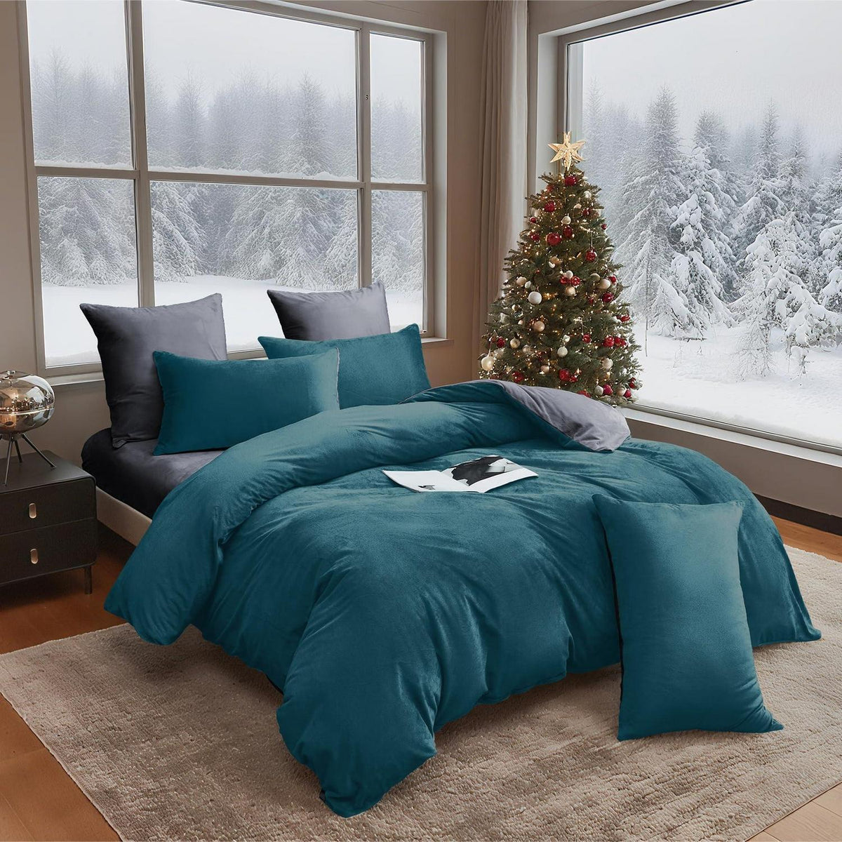 Winter Bettwäsche 135x200, 4-teilig, Petrol Grau, Flauschig Warm