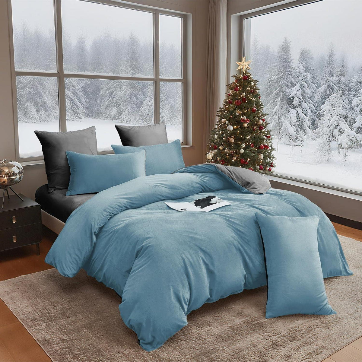 Flauschige Winterbettwäsche 135x200 - Hellblau Grau 4-teilig