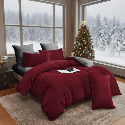 Flauschige Winterbettwäsche 135x200 cm, 4-teilig, Weinrot Grau
