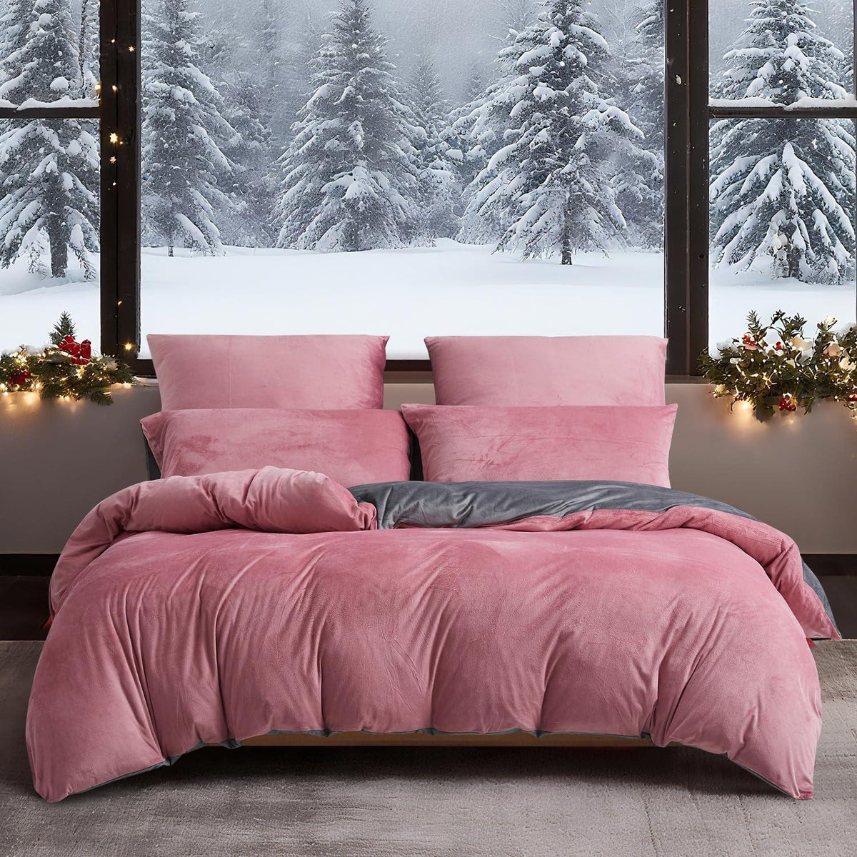 Winter Bettwäsche 135x200, 4-teilig, Rosa Grau, Flauschig Warm