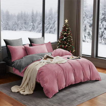 Winter Bettwäsche 135x200, 4-teilig, Rosa Grau, Flauschig Warm