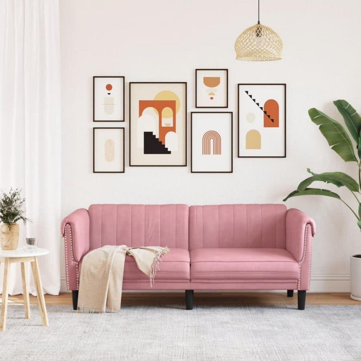 Rosa Samt 2-Sitzer Sofa mit Holzbeinen – Leseecke & Loungesessel