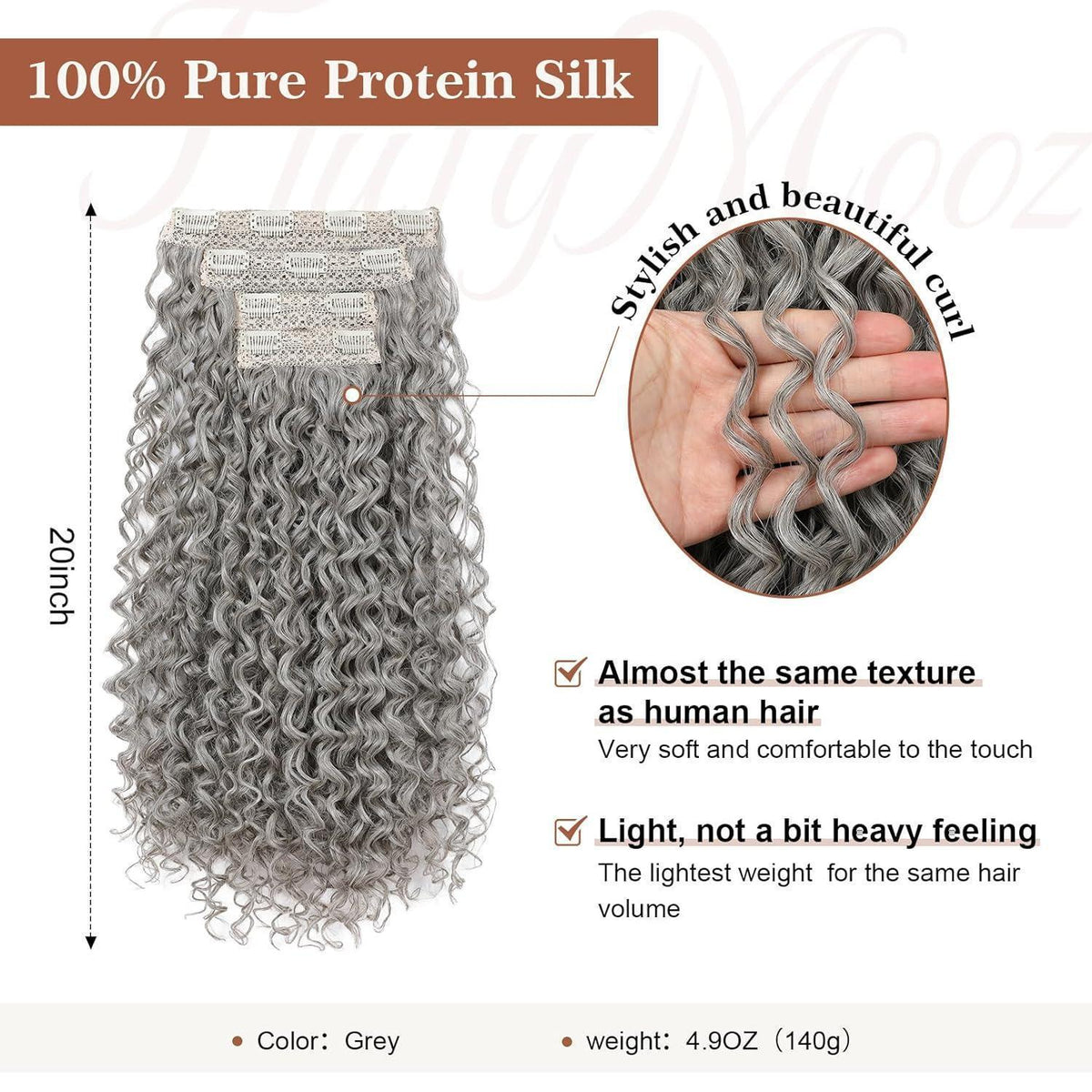 Lockige Haarverlängerung 50cm Grau – 100% Proteinseide