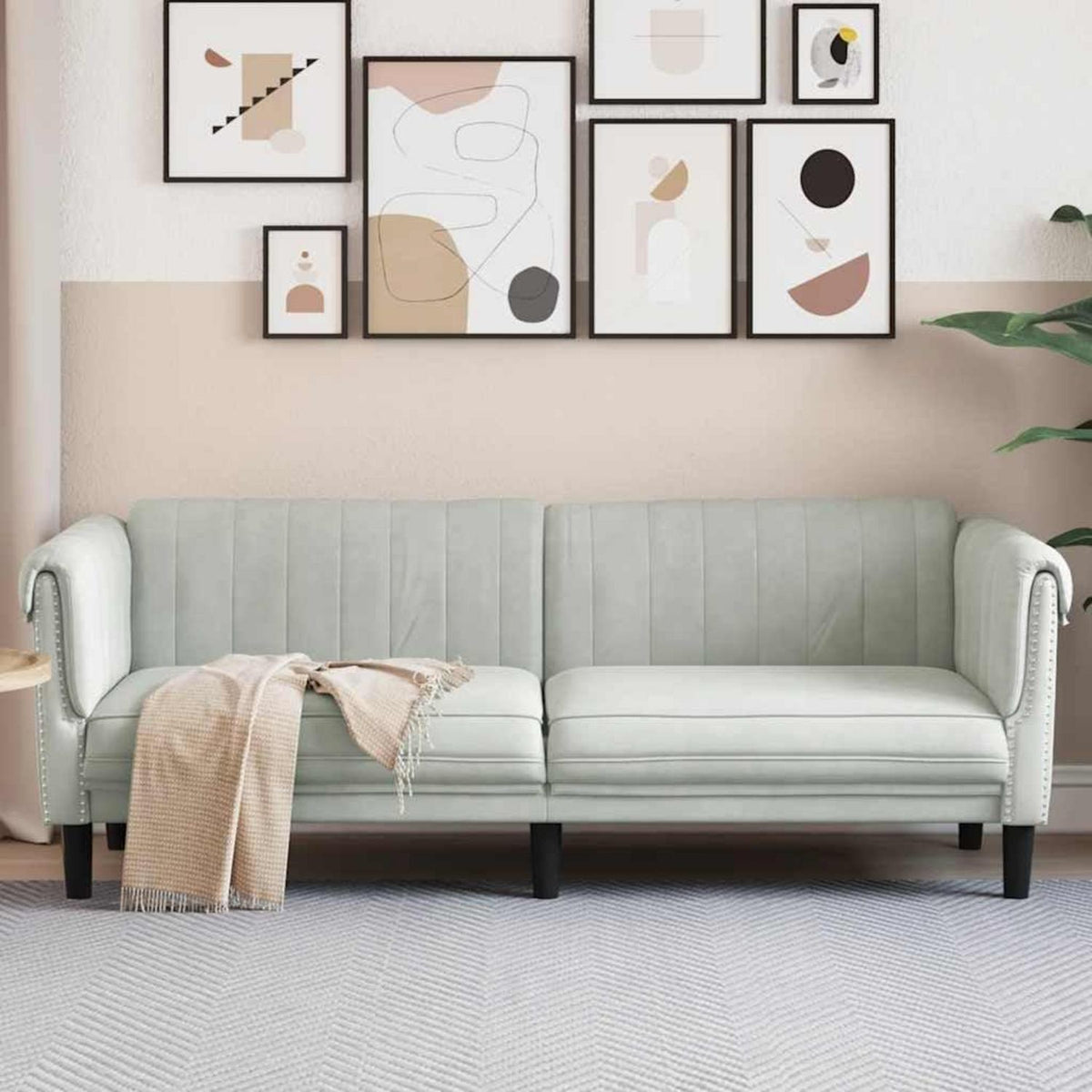 3-Sitzer Sofa Hellgrau Samt – Moderner Akzentstuhl mit Kissen