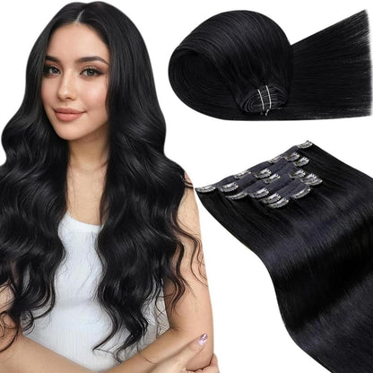 Echthaar Clip-Ins Schwarz 65cm – Volumenset