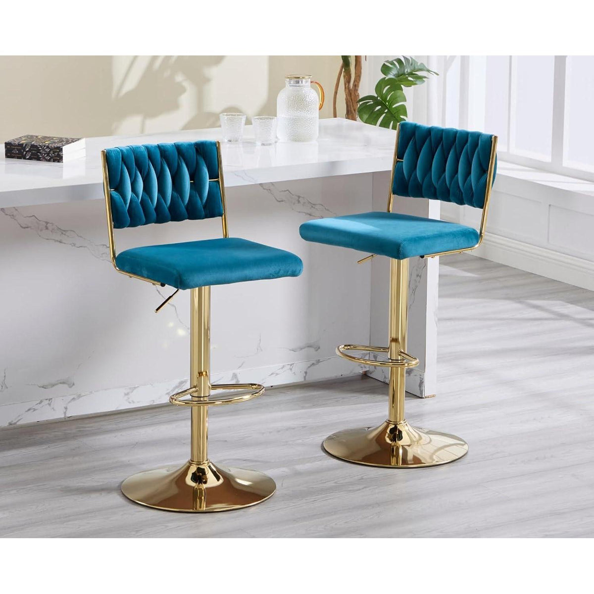 Barhocker Set 4er – Drehbar, Höhenverstellbar, Samt Teal