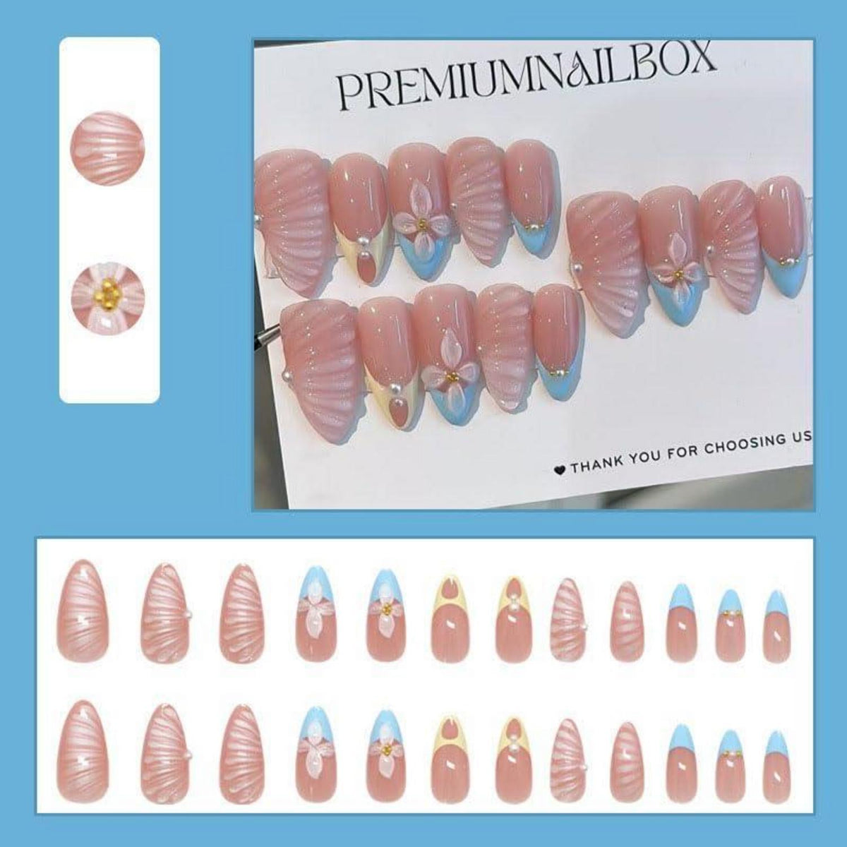 Blaue Almond Press on Nails mit Blumen & Perlen Design