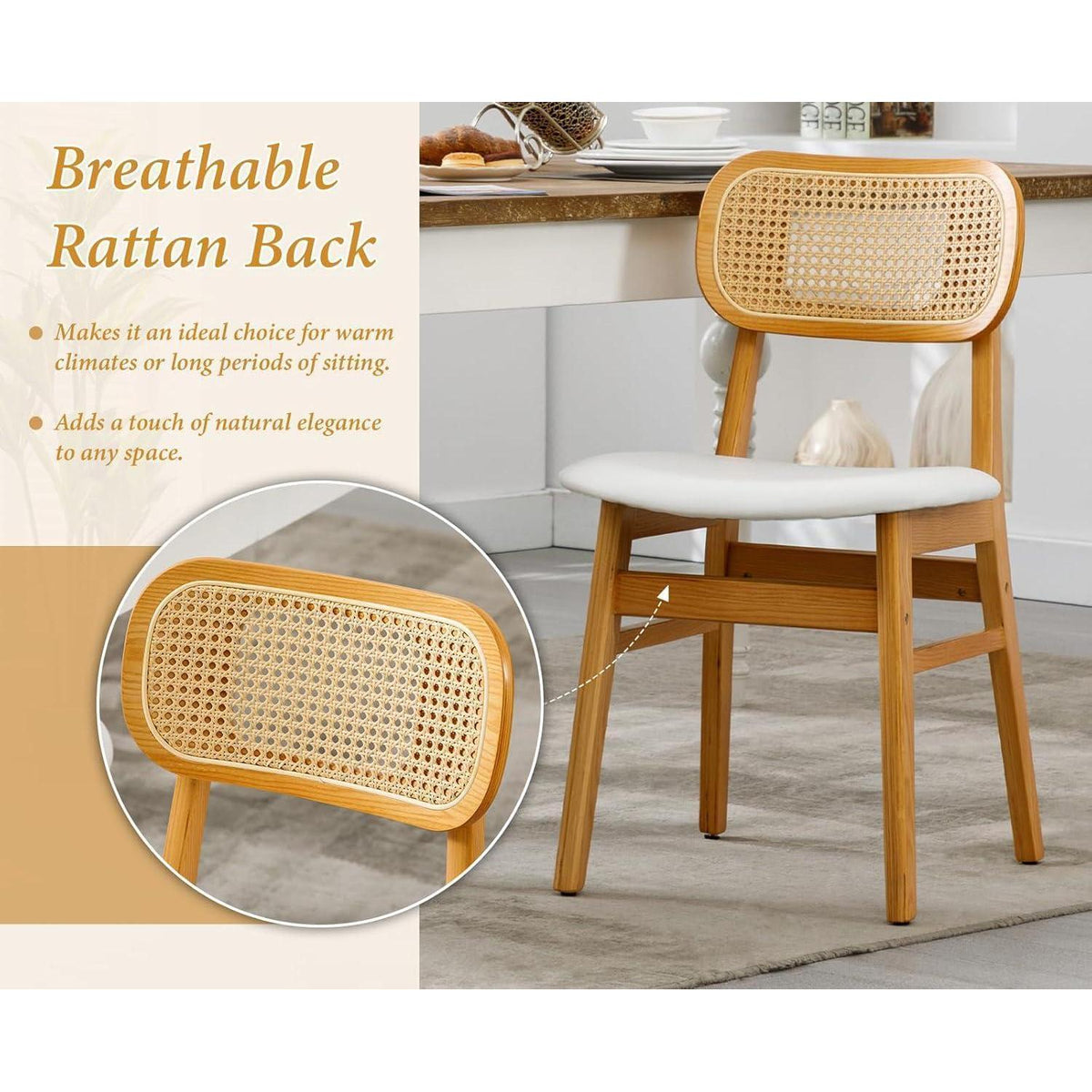 Esszimmerstühle Set 4er – Weißes & Rattan Design in Lederoptik