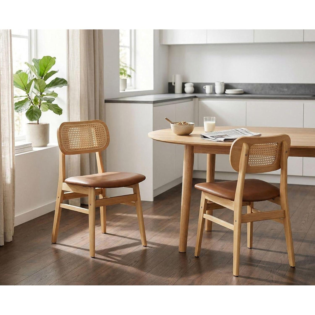 Esszimmerstühle Set 4er – & Rattan Braun in Lederoptik