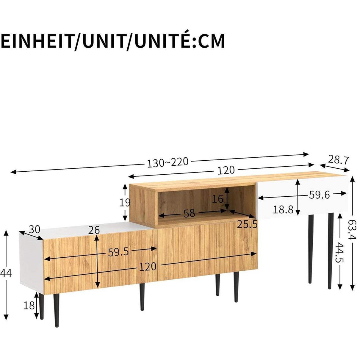 Modulares TV-Lowboard Weiß mit verstellbarer Länge