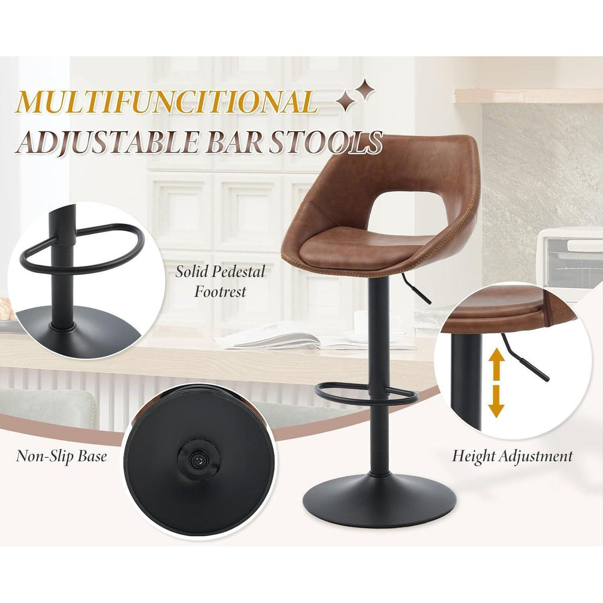 360° Drehbarer Barhocker 2er Set, Höhenverstellbar Braun
