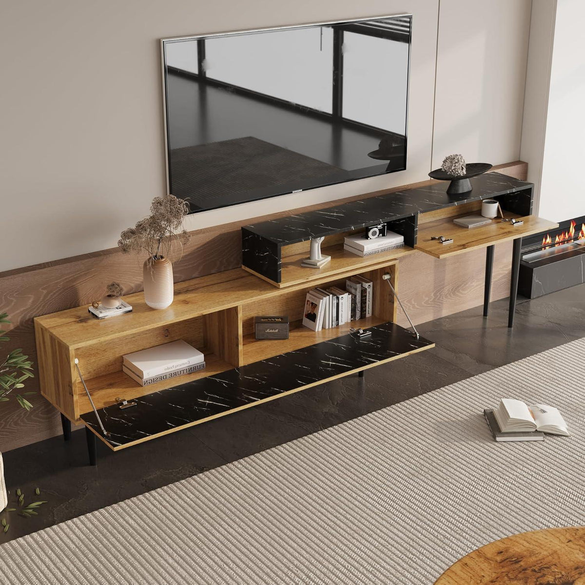 Platzsparendes TV-Board mit Längenverstellung & Marmor-Holz Design