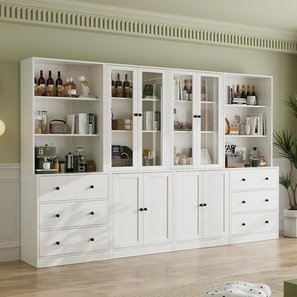 5-stöckiges Bücherregal mit Glastüren – Weißes Vitrinenschrank-Set
