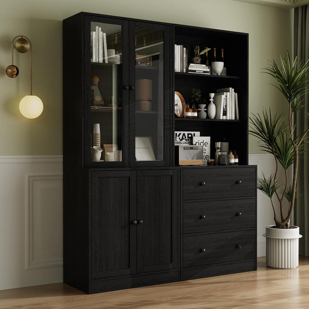 5-stöckiges Bücherregal mit Glastüren – 180cm Vitrine Schwarz