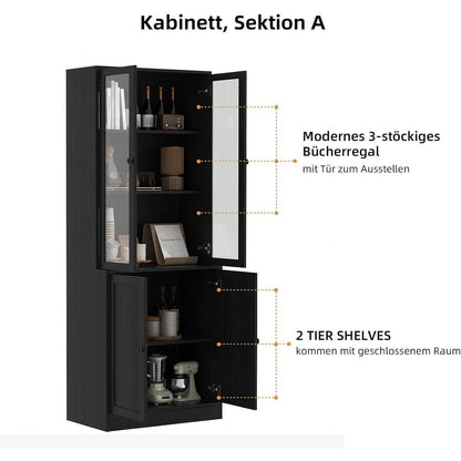 5-stöckiges Bücherregal mit Glastüren – 180cm Vitrine Schwarz