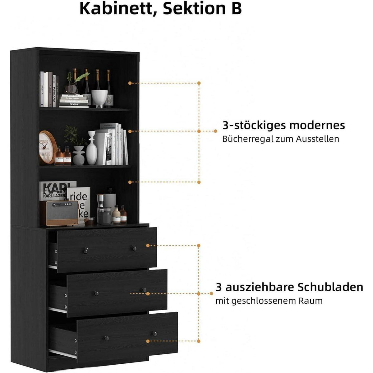 5-stöckiges Bücherregal mit Glastüren – 180cm Vitrine Schwarz