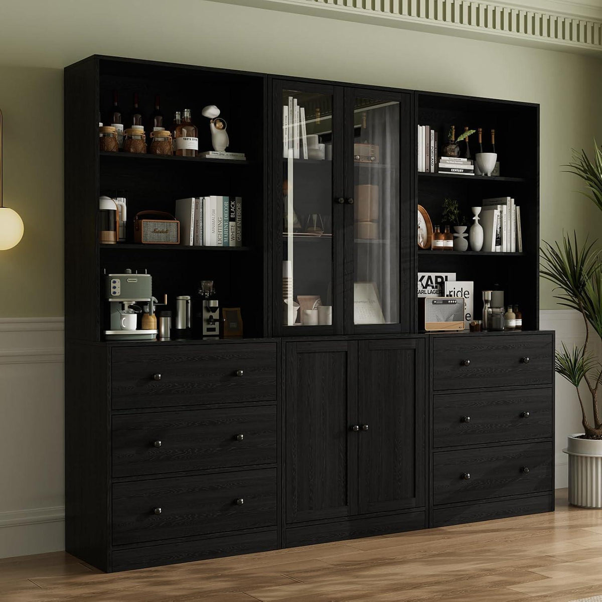 5-stöckiges Bücherregal mit Glastüren – 180cm Vitrine Schwarz