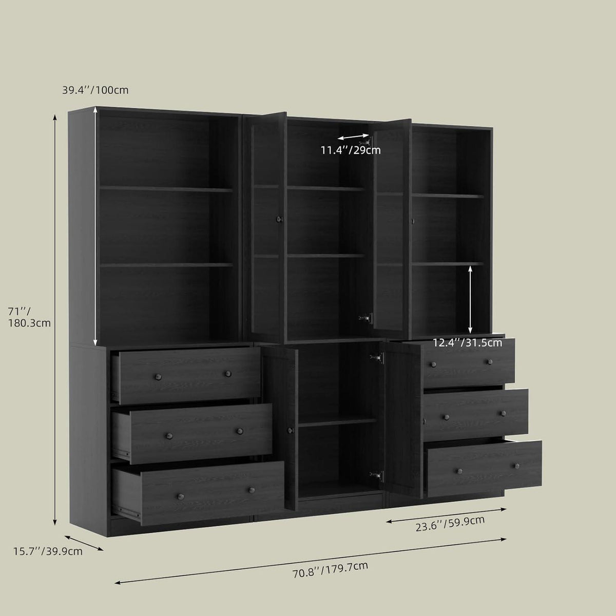 5-stöckiges Bücherregal mit Glastüren – 180cm Vitrine Schwarz