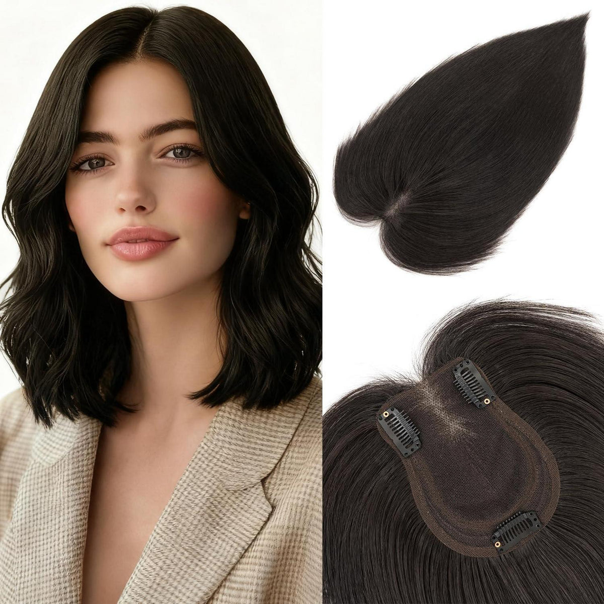 Echthaar Topper Mittelscheitel Schwarz – Clip In Haarteil