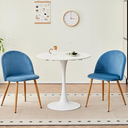 Runder Esstisch Set mit 4 Samtstühlen – Blau & Weiß