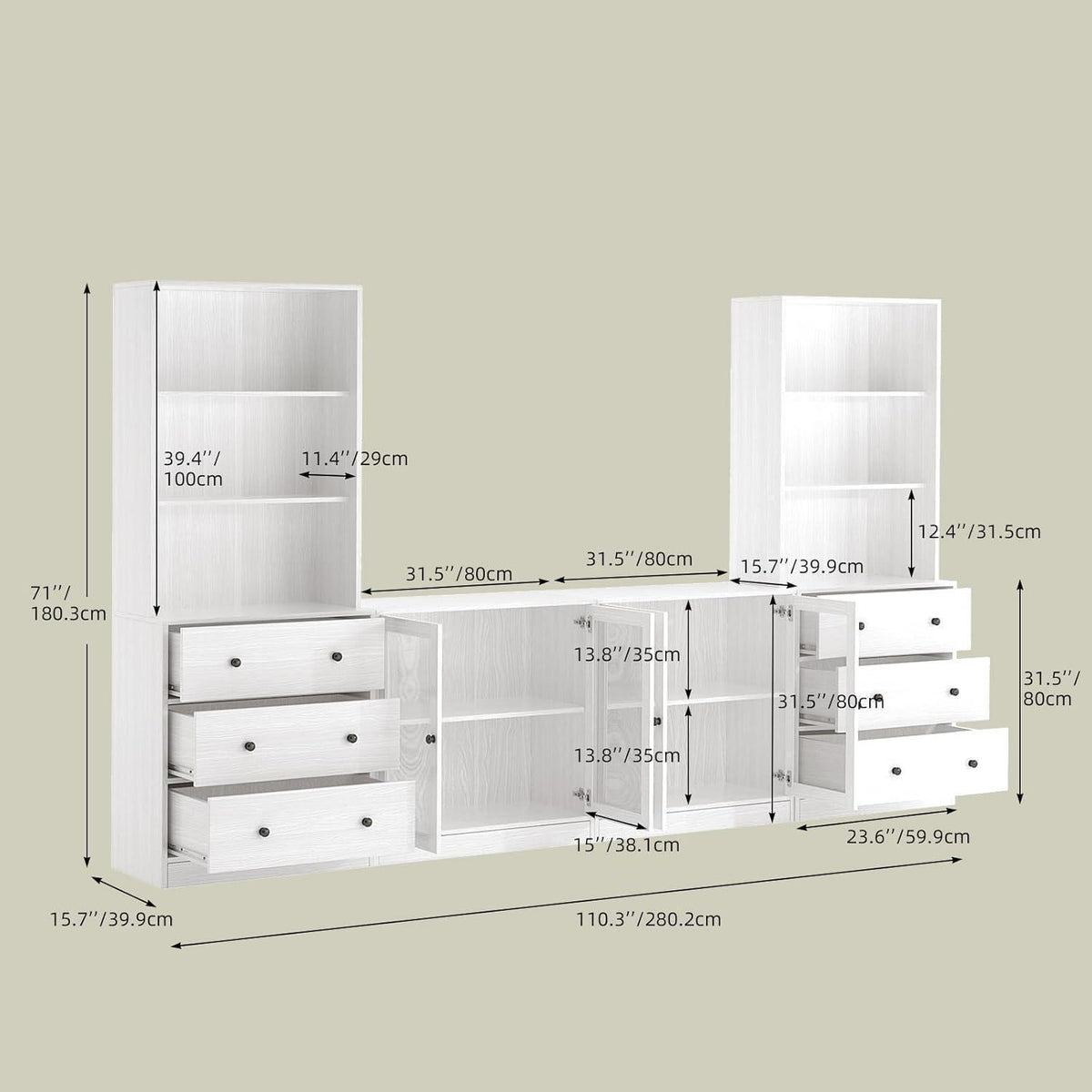 Großer TV-Schrank mit Bücherregal & Glastüren (280cm, Weiß)