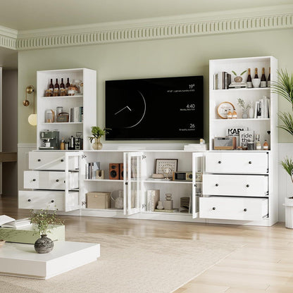 Großer TV-Schrank mit Bücherregal & Glastüren (280cm, Weiß)