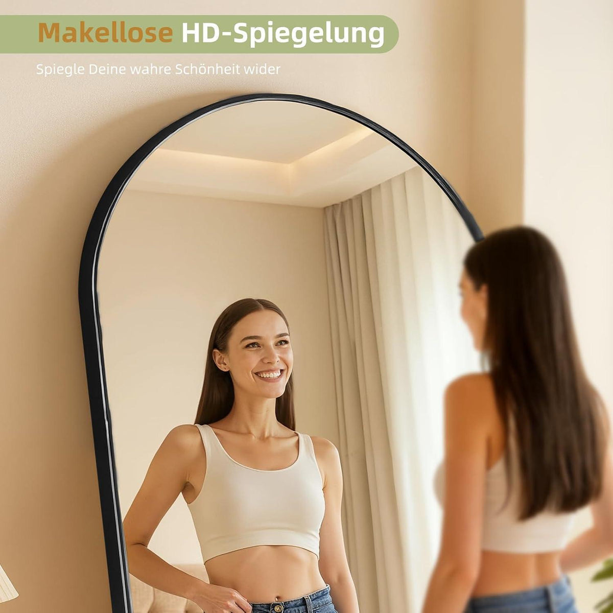 Großer Bogenförmiger Standspiegel – Schwarz 190x85cm, HD-Reflexion
