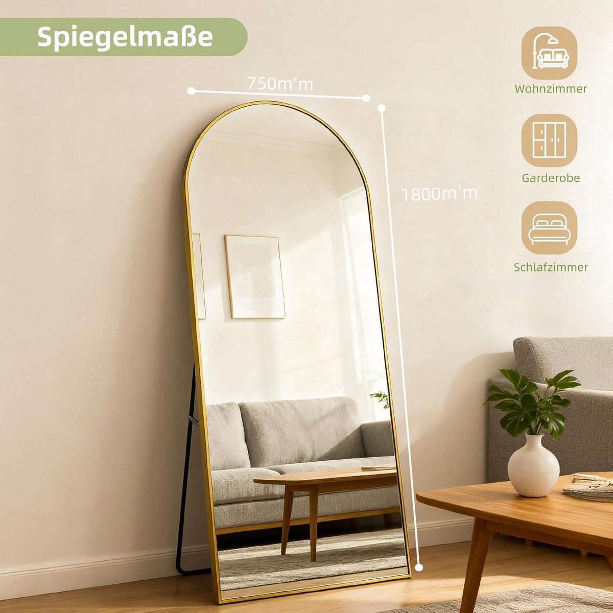 Großer Bogenförmiger Standspiegel – HD-Reflexion, Gold 180x75cm