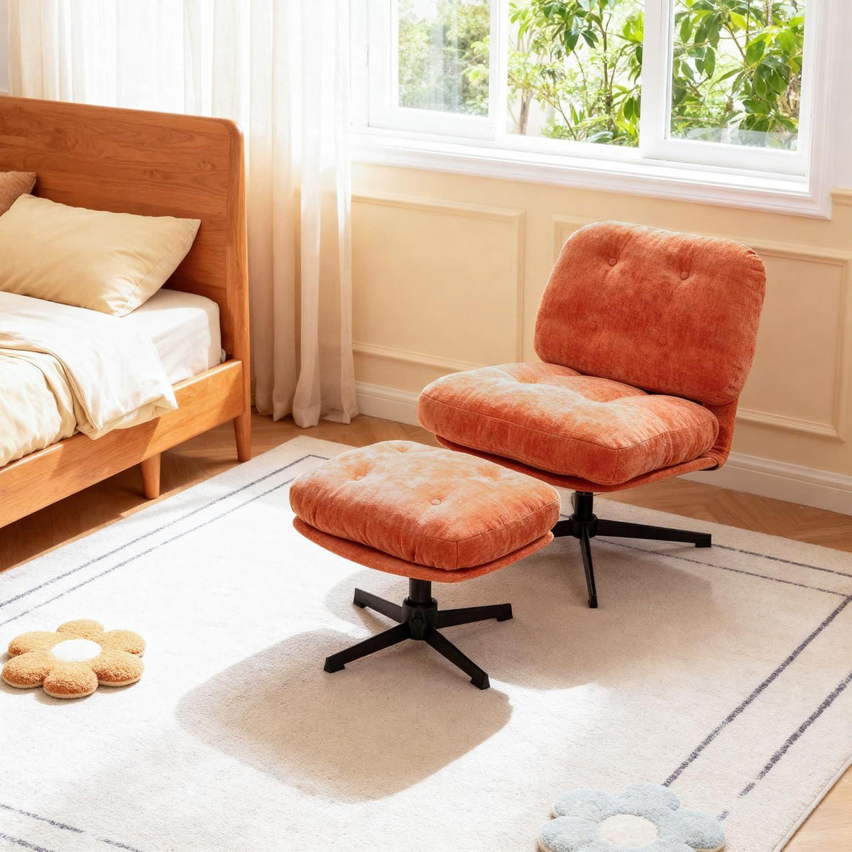 Drehbarer Relaxsessel mit Hocker & Chenille-Bezug, Orange