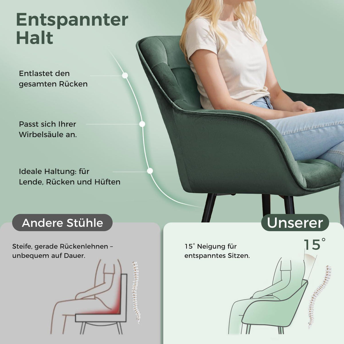 Samt Esszimmerstühle 4er Set mit Armlehnen, Dunkelgrün