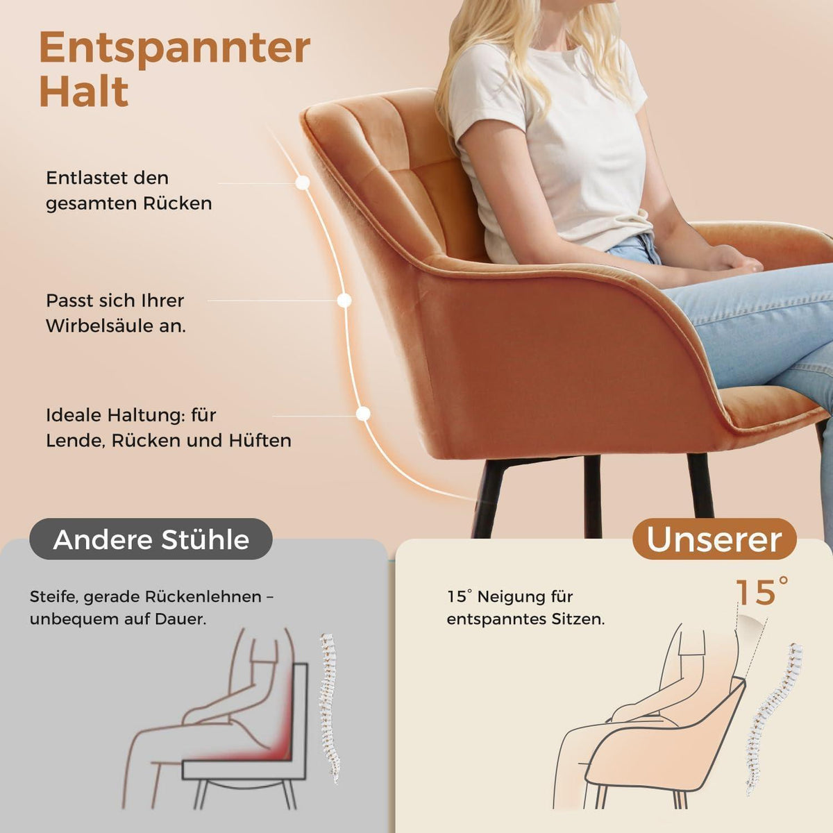 Samt Esszimmerstühle 2er Set mit Armlehnen, Orange