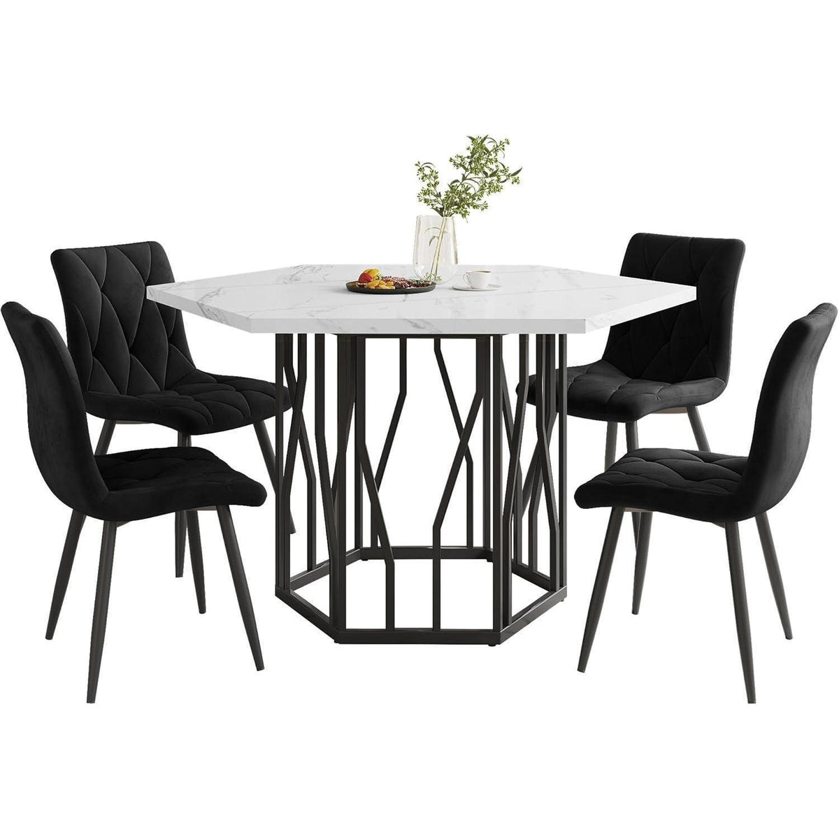 Moderner Esstisch Set (5-teilig) – Marmor & Samt Stühle