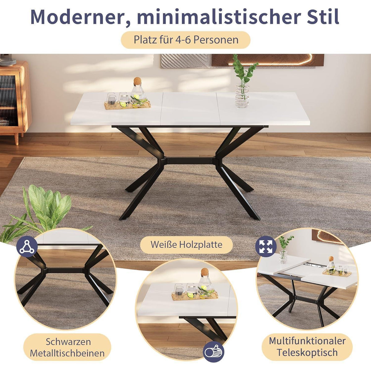 Ausziehbarer Esstisch Weiß mit Marmorstruktur & Metallbeinen
